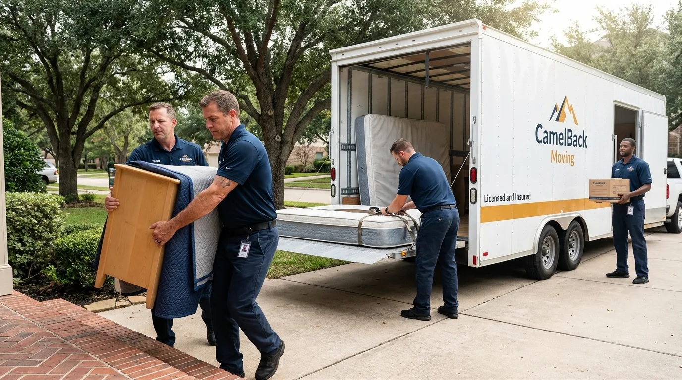 Crew loading residential truck for cross-state move from Stratford, CA