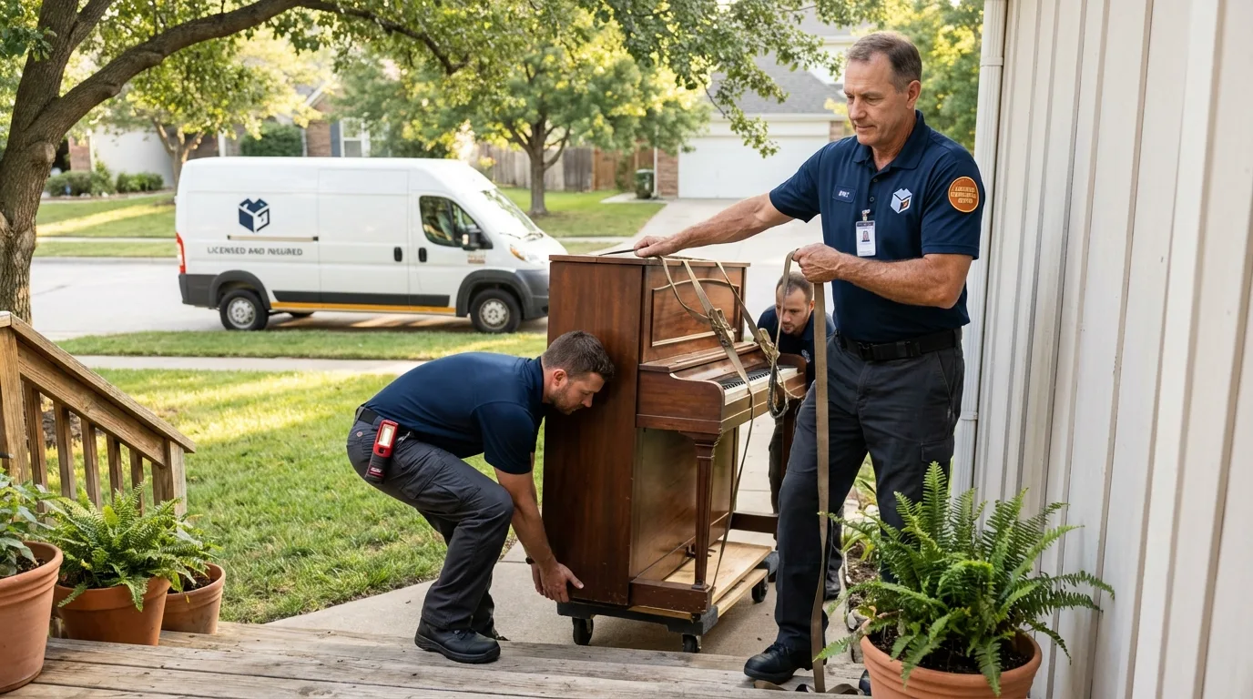 Licensed piano movers securing grand piano in Stratford, CA