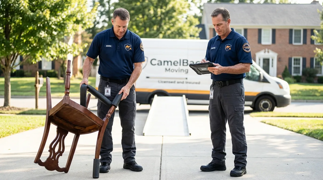 Movers inspecting furniture for damage prevention before loading in Stratford, CA