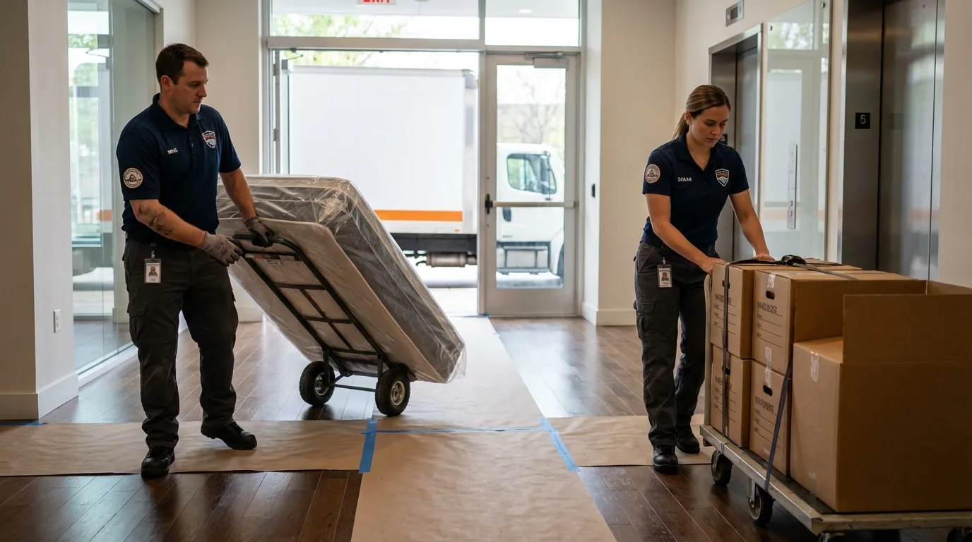 Professional apartment movers loading elevator in Stratford, CA