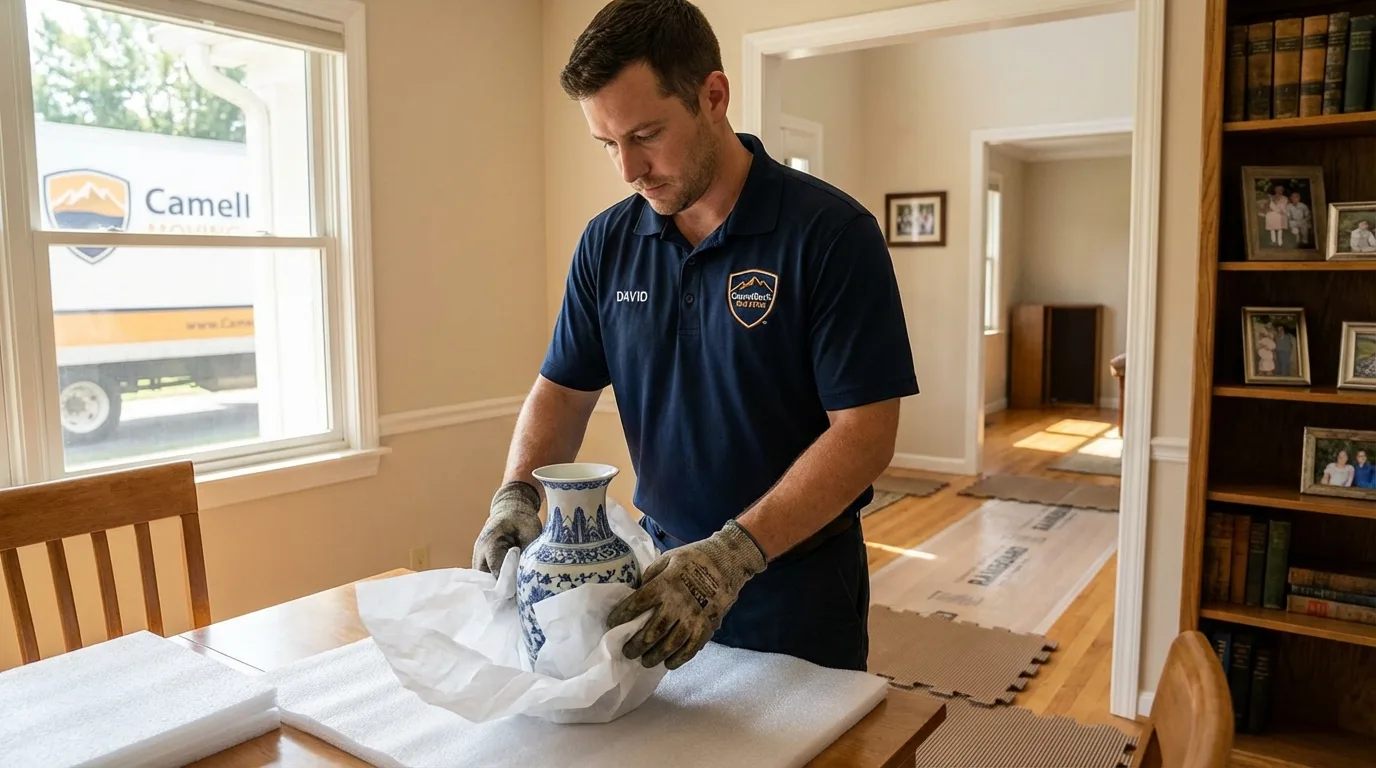 Professional crew carefully wrapping antique vase for senior downsizing move in Stratford, CA